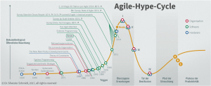 <h1 id="agile-hype-cycle">Agile-Hype-Cycle</h1> <h2 id="diehistorieagilerkonzepte">Die Historie agiler Konzepte</h2> <p>Die heute angewandten agilen Konzepte und Vorgehensmodelle, wie Scrum, stützen sich auf weit in die Vergangenheit reichende Wurzeln. In der Abbildung sehen Sie einige Meilensteine der Evolution in den Bereichen Organisations-, Hardware- und Softwareentwicklung.</p> <p>Die <em>Geschichte von Agile</em> beginnt vor dem Zweiten Weltkrieg mit der Definition von <em>PDCA-Zyklen</em> (Plan, Do, Check, Act), auch <em>Demingkreise</em> genannt. Der nächste Meilenstein war die Entwicklung von <em>Kanban</em> um das Jahr 1940. Zur selben Zeit etwa häuften sich Fälle überraschender Fehlprognosen. Die Komplexität wirtschaftlicher und gesellschaftlicher Entwicklungen nahm in einem Maße zu, so dass herkömmliche Instrumente zur Vorhersage zunehmend versagten. Neue Denkweisen und Methoden im Umgang mit komplexen Systemen wurden um 1950 unter den Begriffen <em>Systemtheorie</em> bzw. <em>Kybernetik</em> eingeführt. Aus der Systemtheorie wurden neue Herangehensweisen zur Strategieentwicklung (<em>Engpasskonzentrierte Strategie,</em> Wolfgang Mewes, 1971) als Vorläufer der <em>Theory of Constraints</em> (Eliyahu M. Goldratt, 1984) entwickelt. Dies war die Basis für die Entwicklung des <em>Critical-Chain-Projektmanagements</em> als Hilfsmittel zur Verbesserung des klassischen Projektmanagements. Ebenfalls 1971 wurden die Erkenntnisse zur Komplexität erstmals auf das Gebiet der Softwareentwicklung übertragen. Zu diesem ungemein frühen Zeitpunkt wurden viele der heute in agilen Vorgehensweisen berücksichtigten Methoden durch Gerald M. Weinberg in seinem Buch <em>The Psychology of Computer Programming</em> unter dem Stichwort <em>Egoless Programming</em> vorgedacht. Und dann erschien 1986 der Artikel <em>The New New Product Development Game</em> von Hirotaka Takeuchi und Ikujiro Nonaka im Harvard Business Review. Der Artikel liest sich wie eine aktuelle Übersicht über agile Prinzipien und Methoden.</p> <p>Zu Beginn der 1990er Jahre nahmen Softwareentwickler agile Ideen begierig auf. Es entstanden in sich geschlossene Strukturen mit Grundwerten, Prinzipien und darauf basierenden Methoden (Frameworks): <em>Crystal</em> 1992, <em>Scrum</em> 1995 und <em>Extreme Programming</em> 1999. Wir finden bewährte Prinzipien aus der Organisationsentwicklung in allen agilen Frameworks. Ein herausragender Meilenstein wurde 1990 mit der Veröffentlichung des Buches <em>Die Lernende Organisation</em> von Peter M. Senge gesetzt, Direktor des Center for Organizational Learning an der MIT Sloan School of Management. Ein Meilenstein war auch die Verabschiedung des <em>agilen Manifests</em> im Jahre 2001. Darin sind die Werte agiler Softwareentwicklung niedergelegt, aus denen agile Prinzipien und Methoden abgeleitet werden.</p> <p>Seit 2003 häufen sich Studien, die den Nutzen agilen Projektmanagements untersuchen. Dabei übertrafen sie sich beim Nachweis der Überlegenheit agiler gegenüber klassischen Vorgehensweisen. Einige Studien untersuchten die Produktivität (93 % höher!), die Qualität (88 % besser!) und die Kundenzufriedenheit (83 % weiter!), andere die Zahl erfolgreich beendeter Projekte (42 % erfolgreiche agile Projekte im Vergleich zu 14 % bei klassischem Projektmanagement!).</p>