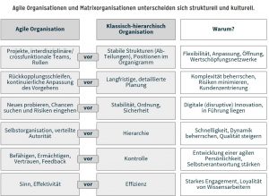 Gegenüberstellung: Agile Organisationen und Matrixorganisationen